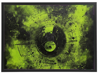 Et abstrakt maleri med grønne nuancer og musiknoter, der skaber en dynamisk komposition.