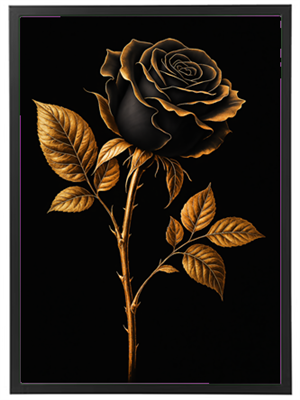Et kunstnerisk billede af en sort rose med gyldne detaljer, præsenteret på en sort baggrund.