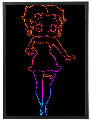 En neonlignende illustration af en karakter med store øjne og en kort kjole.