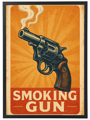 Et vintage-inspireret billede af en røgfyldt revolver med en orange baggrund.