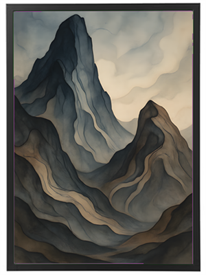 Et stiliseret billede af bjerge med bløde former og dæmpede farver, der skaber en rolig atmosfære.