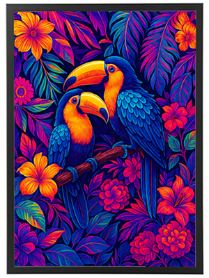 Et livligt billede af to tukaner omgivet af farverige blomster og blade.