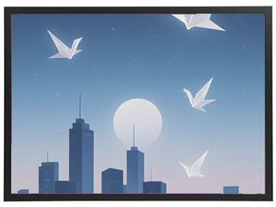 En stiliseret bysilhuet i skumring med origami fugle svævende mod en stor måne.