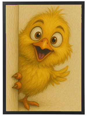 Et sødt, gult kyllingehoved, der kigger frem med et stort smil og nysgerrige øjne.