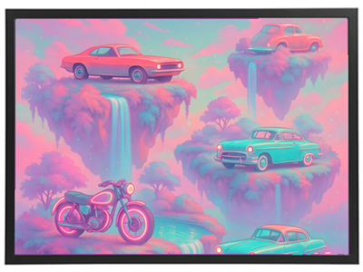 En farverig illustration med vintage biler og en motorcykel på svævende øer med vandfald.