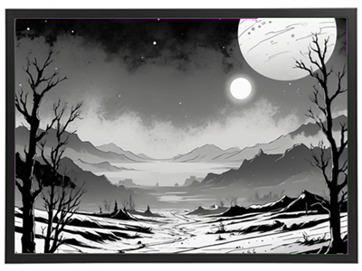 Et sort-hvidt landskab med døde træer, bjerge og en stor planet på himlen.