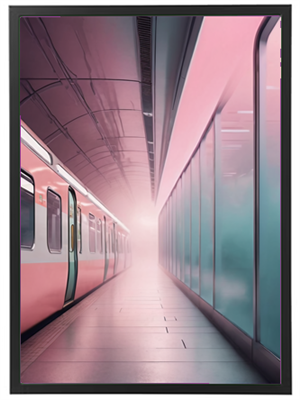 En futuristisk togsstation med en tåget gang og lyserøde nuancer, der skaber en drømmeagtig atmosfære.