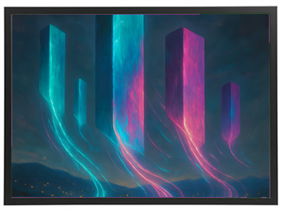 En surrealistisk scene med svævende søjler i blå og pink nuancer mod en mørk baggrund.