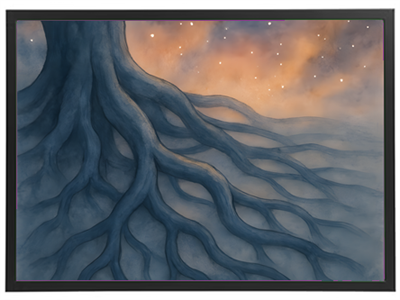 Et kunstnerisk billede af en stor træstamme med dybe rødder, der strækker sig mod en stjerneklar himmel.