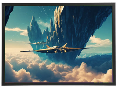 Et imponerende landskab med fly, der svæver over skyerne og klippeformationer.