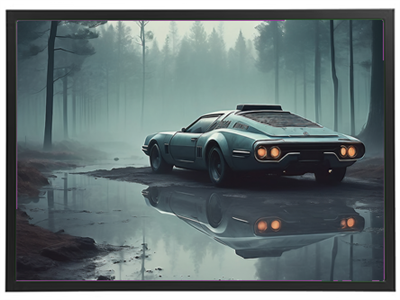 En stilfuld, futuristisk bil står ved en stille vandpyt i et tåget skovmiljø.