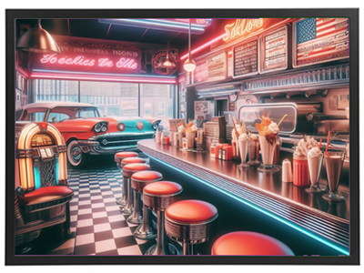 Et farverigt retro diner med neonlys, barstole og en vintage bil i baggrunden.