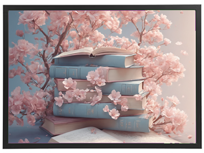 En stak bøger prydet med lyserøde blomster, der skaber en romantisk atmosfære.