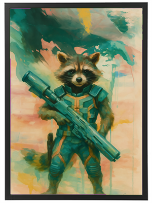 Et farverigt billede af et raketdyr iført futuristisk rustning og bevæbnet med et stort våben.