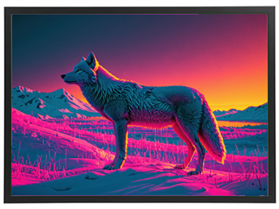 En stiliseret ulv står i et farverigt, sneklædt landskab med bjerge i baggrunden.