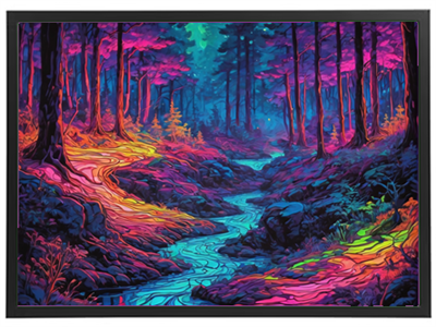 En livlig skov med farverige træer og en glitrende bæk, der snor sig gennem landskabet.