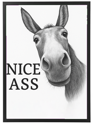 En tegning af en hest med en sjov tekst, der tilføjer et humoristisk element.