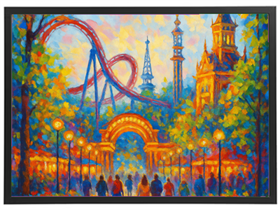 Et livligt billede af en forlystelsespark med en rutsjebane og smukke bygninger.