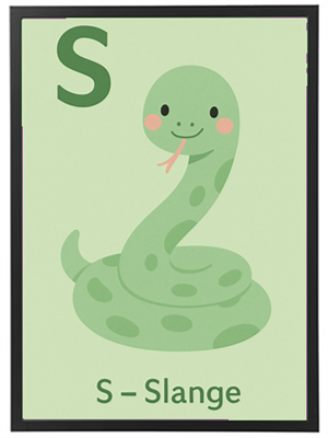 Billedet viser en sød, grøn slange med prikker og et smil, der repræsenterer bogstavet S.