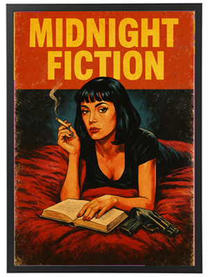 En retro-inspireret illustration af en kvinde, der læser en bog i sengen, med en cigaret i hånden.