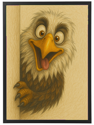 En farverig og legesyg illustration af en ørn, der kigger rundt om et hjørne med et stort smil.