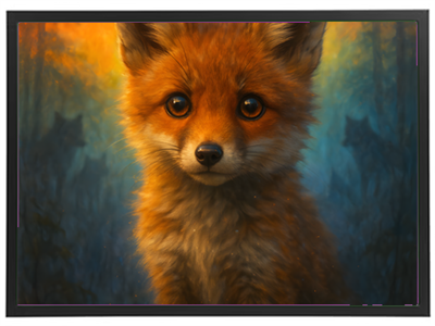 Et nærbillede af en ung ræv med store, nysgerrige øjne, omgivet af en mystisk skov.