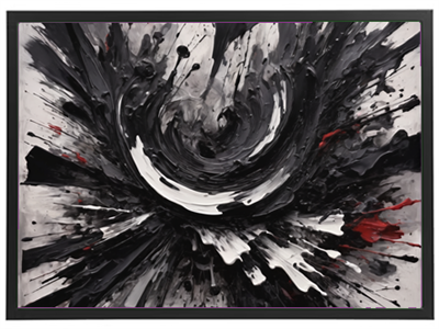 Et dramatisk maleri med en hvirvel af sorte, grå og røde nuancer, der skaber en følelse af bevægelse.