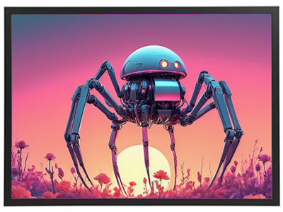 En stiliseret robotkrabbe med en lysende krop og lange ben, omgivet af blomster i et drømmende landskab.