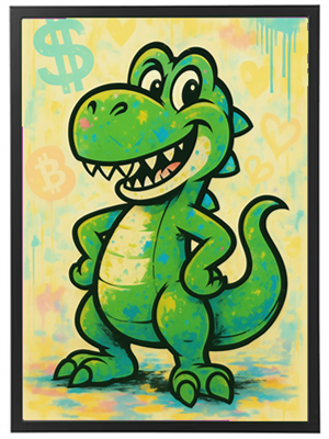 En livlig og farverig illustration af en glad dinosaur med en stor smil.