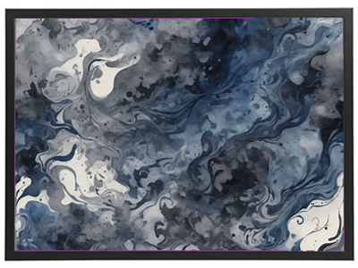 Et abstrakt maleri med bløde bølger af mørkeblå og hvide nuancer, der skaber en marmoreringseffekt.