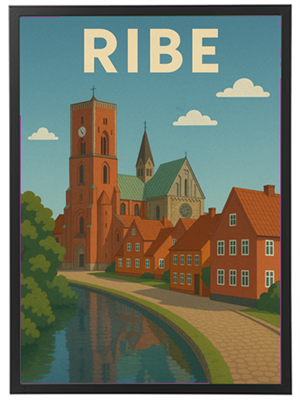 Et illustreret billede af Ribe med sin karakteristiske kirke og farverige bygninger langs en kanal.