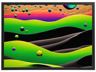 Et farverigt, abstrakt billede med bølger i grønne og sorte nuancer samt svævende bobler.