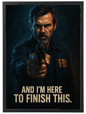 En intens scene med en FBI-agent, der truer med en pistol i regnvejr.