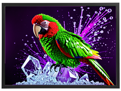 En livlig papegøje sidder på iskrystaller med en farverig baggrund.
