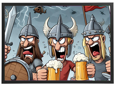 Tre tegneserie-vikinger holder ølkrus og råber, mens de står i et stormfuldt landskab.