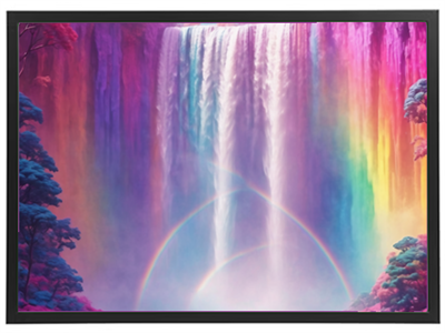 Et spektakulært vandfald omgivet af farverige træer og regnbuer i en drømmende atmosfære.