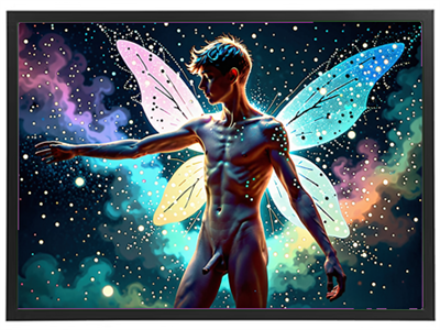 Et surrealistisk billede af en ung mand med farverige sommerfuglevinger i et stjerneskud.