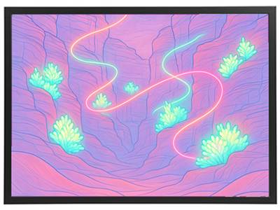 Et digitalt maleri af en kløft i pastelfarver med lysende planter og svævende lyslinjer.