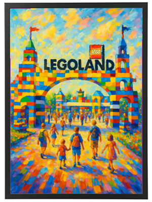 Et maleri af indgangen til LEGOLAND, fyldt med farverige LEGO-klodser og besøgende.