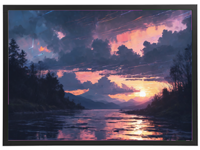 En smuk solnedgang over en rolig flod, omgivet af bjerge og træer, med farverige skyer.