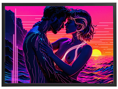 En farverig illustration af et romantisk øjeblik mellem to personer ved havet.