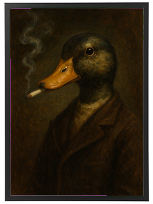 Billedet viser en and med menneskelige træk iført en frakke og rygende en cigaret.