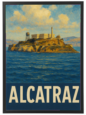 En kunstnerisk fremstilling af Alcatraz Ø, omgivet af vand og med bygninger synlige.