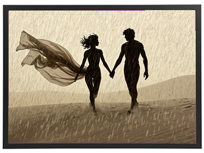 Et silhuetbillede af et par, der holder hænder under regnvejr, symboliserer kærlighed.