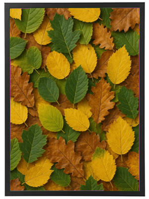 Billedet viser et tæt arrangement af grønne, gule og brune efterårsblade.