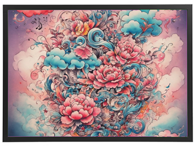Et detaljeret og farverigt kunstværk med blomster og skyer i en drømmende komposition.