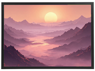 Et smukt, digitalt maleri af bjerge og en rosenrød solnedgang, der reflekteres i vand.