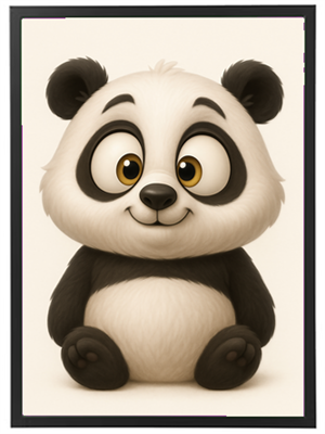 En tegneserieagtig panda med store øjne og et venligt smil, der sidder ned.