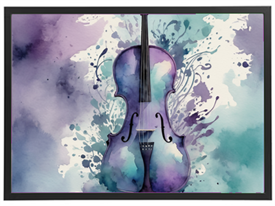 Et smukt akvarelmaleri af en violin med farverige sprøjt og bløde nuancer.