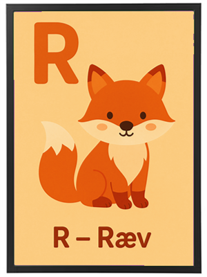 Farverigt billede af en sød ræv med bogstavet R og teksten R - Ræv.
